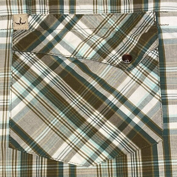 Prana Shirt Mens Large Green Brown Plaid Pearl Snap Short Sleeve Pockets Western - Picture 5 of 11